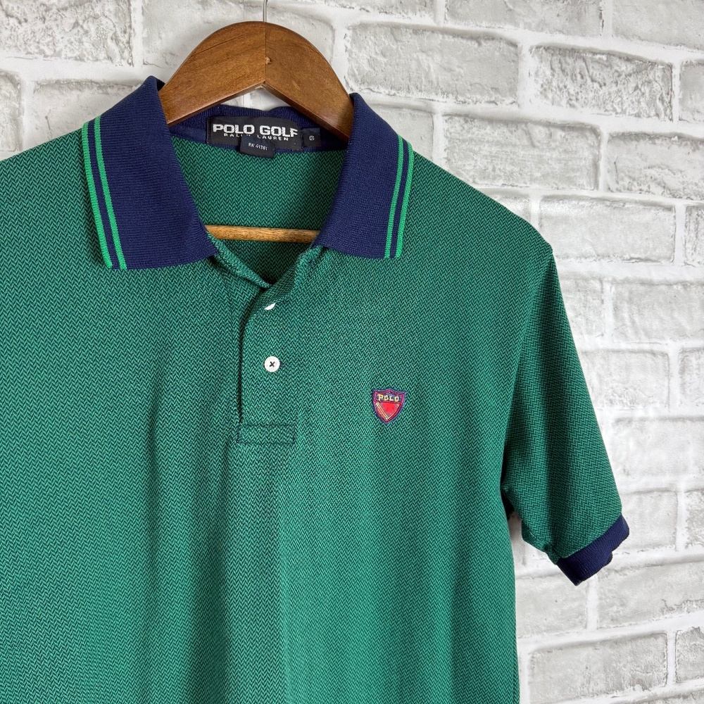 Polo Golf Ralph Lauren Green Chevron Print Crest Logo Collared Shirt Mens SMALL